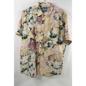 VSTR Tropical Short Sleeve Button Down Shirt Mens XL Floral 4-Way Stretch Yellow